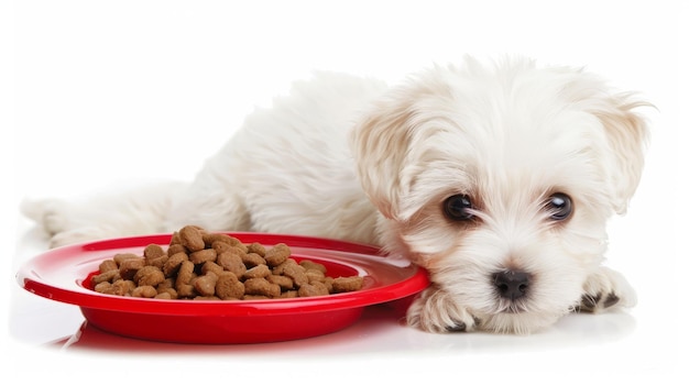 Perro peludo blanco cerca de un cuenco rojo de comida seca sobre un fondo blanco