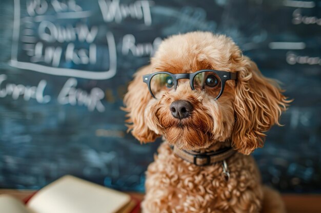 un perro peludo inteligente con gafas en el fondo de una junta escolar