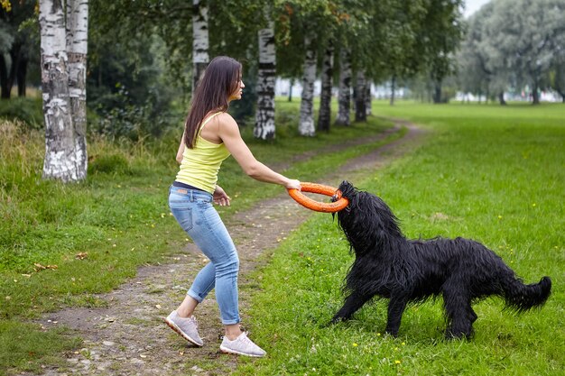 Perro peludo negro tiene entrenamiento con una joven dama blanca con ayuda de un juguete mientras camina al aire libre.