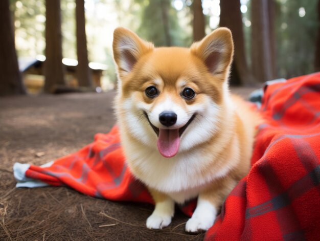 Perro peludo sentado en una manta de picnic colorida