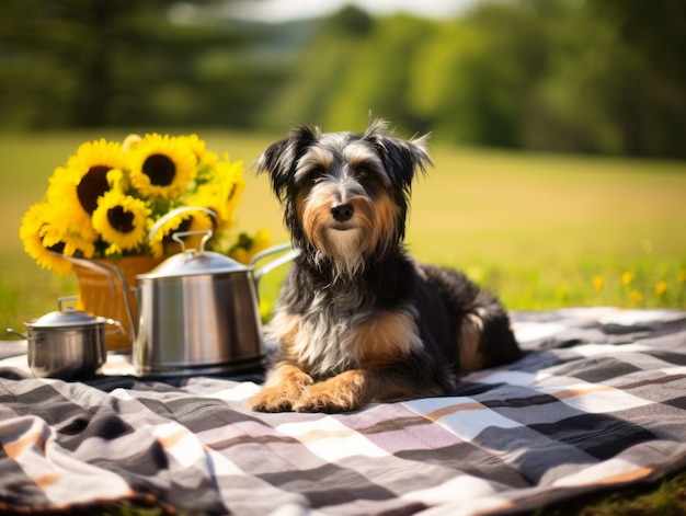 Perro peludo sentado en una manta de picnic colorida