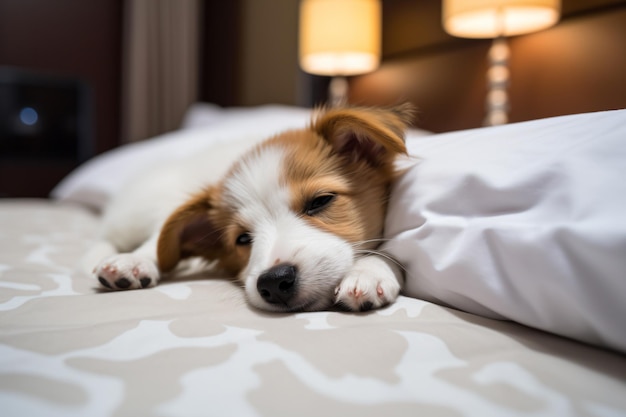 un perro pequeño acostado en una cama con una sábana blanca