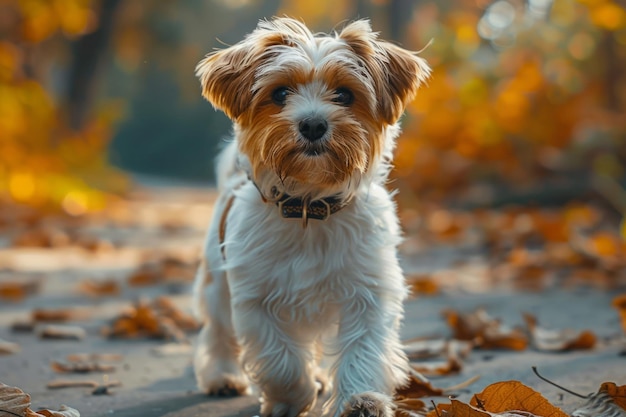 Perro pequeño con collar caminando por el parque