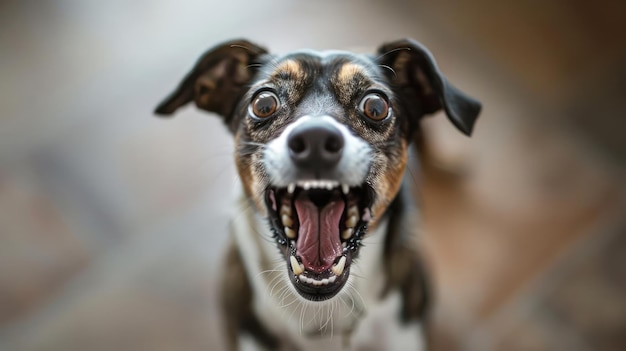 Foto perro pequeño con dientes grandes y boca abierta parece ladrar o gruñir a alguien o algo