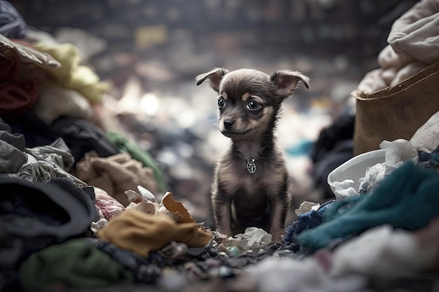Perro pequeño fugitivo jugando en basurero desbordante