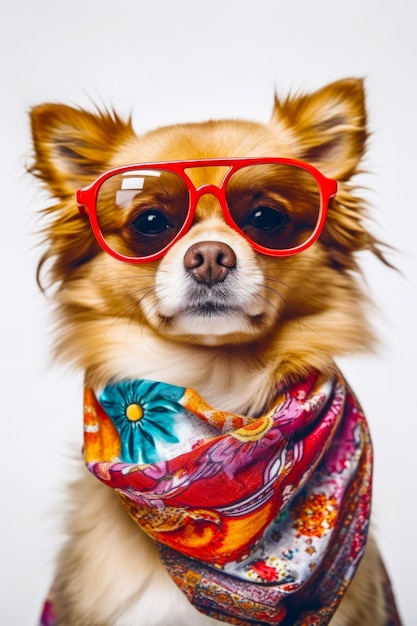 Perro pequeño con gafas rojas y pañuelo alrededor del cuello IA generativa