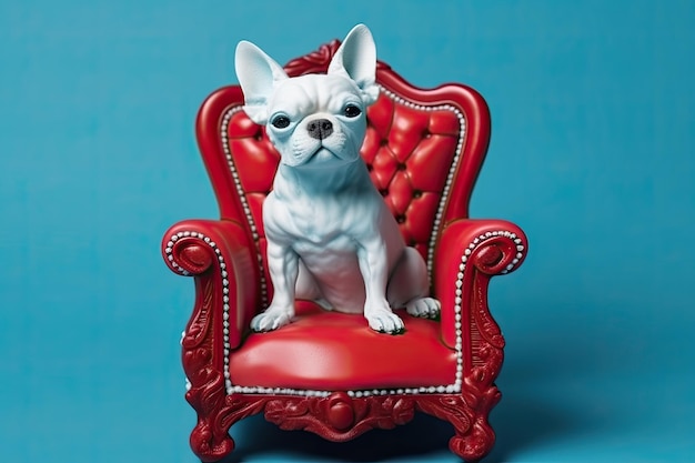 Perro pequeño con gafas sentado en un sillón rojo al estilo del arte pop conceptual IA generativa