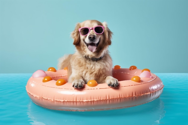 perro pequeño con gafas de sol un círculo inflable alrededor de su cuello parece interesado