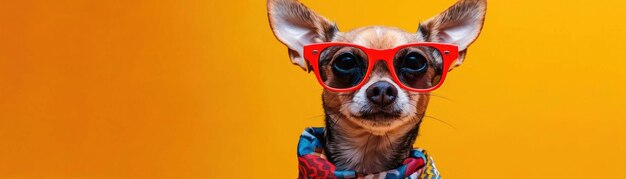 Un perro pequeño hace una declaración de moda con ropa de colores y gafas de sol rojas