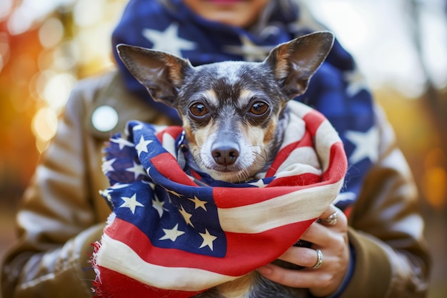 Foto un perro pequeño lleva con orgullo una bufanda con la bandera estadounidense que simboliza el patriotismo