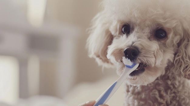 Foto un perro pequeño mira con curiosidad a la cámara mientras se le cepilla los dientes