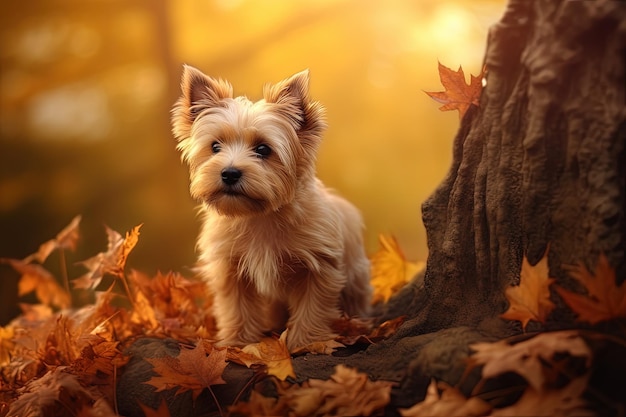 Perro pequeño en paisaje de otoño