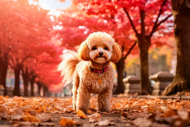 Perro pequeño parado en el parque con hojas en el suelo IA generativa