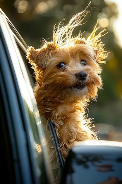 Foto un perro pequeño sacando la cabeza de la ventana de un coche