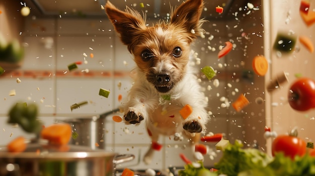 Perro pequeño saltando hacia arriba IA generativa