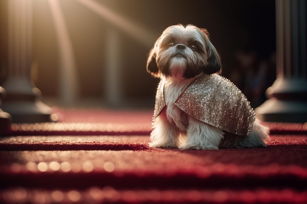 Perro pequeño sentado en la alfombra roja en la habitación con luz brillando sobre él IA generativa