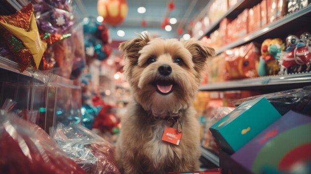 Foto un perro pequeño sentado en un estante de una tienda