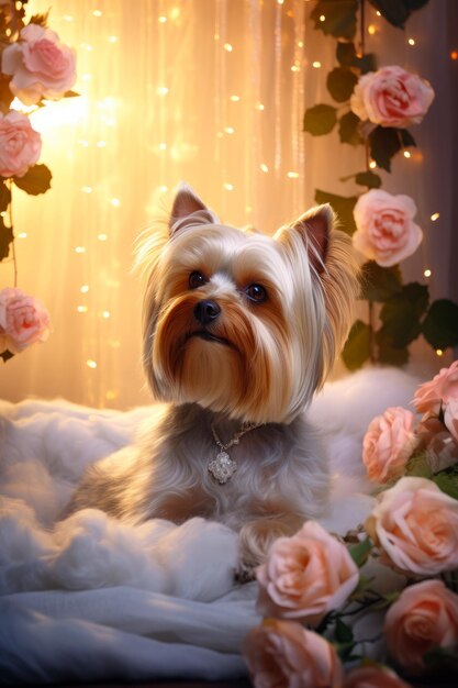 Perro pequeño sentado en un lecho de flores y rosas IA generativa