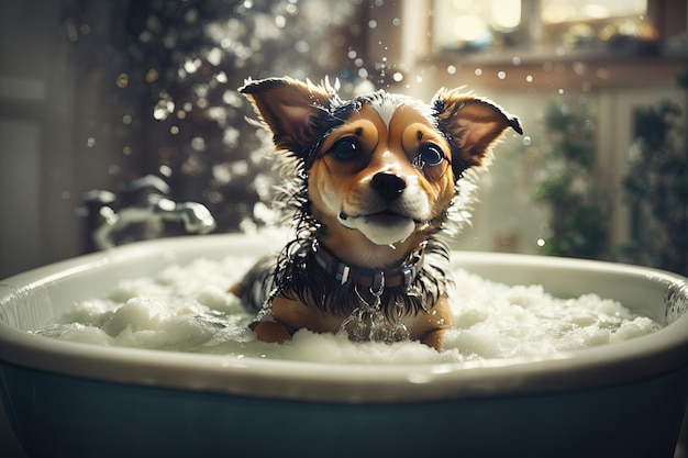 Perro pequeño siendo lavado en la bañera ai generative