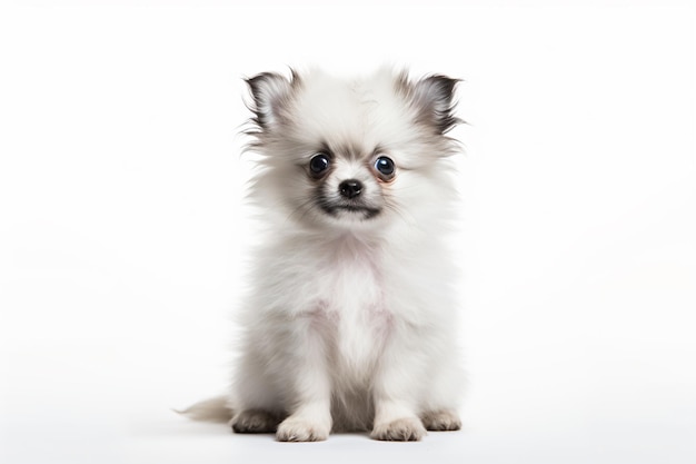 Un perro pequeño se sienta sobre un fondo blanco.