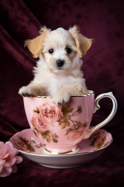 Un perro pequeño se sienta en una taza de té con un patrón de flores rosas.