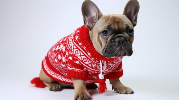 Un perro pequeño con un suéter rojo y blanco