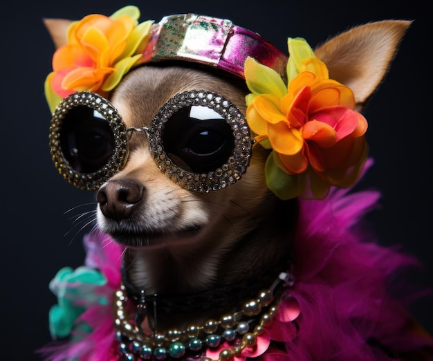 Un perro pequeño con un traje colorido y gafas de sol imagen generativa ai