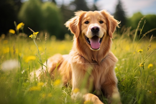 Perro perdiguero amarillo sentado en la hierba, amigo juguetón y leal al aire libre generado
