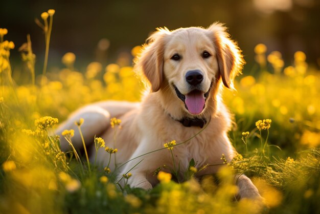 Perro perdiguero amarillo sentado en la hierba, amigo juguetón y leal al aire libre generado