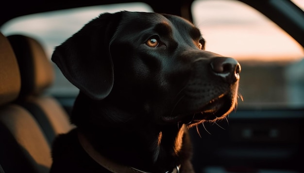 Perro perdiguero de pura raza sentado al aire libre mirando un auto generado por IA