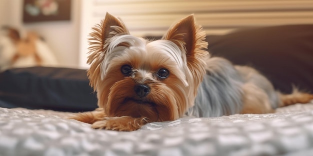 perro perezoso acostado en la cama que dice yorkshire terrier