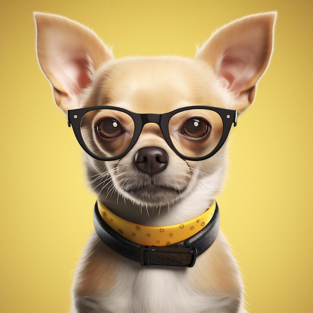 Perro perrito lindo chihuahua retrato animal fondo amarillo mascota cachorro gafas IA generativa