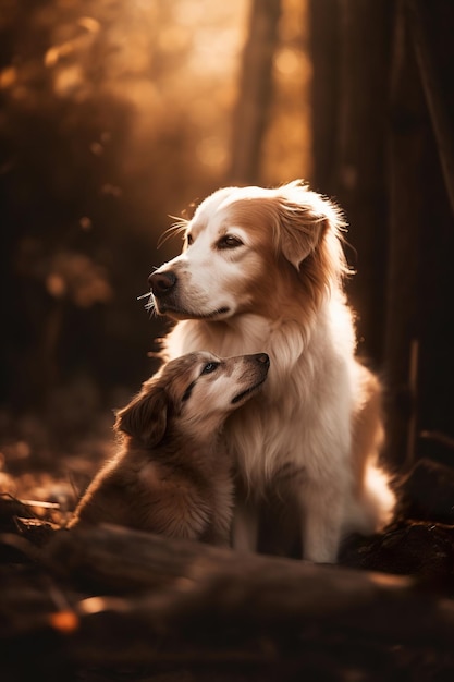Un perro y un perro en el bosque.