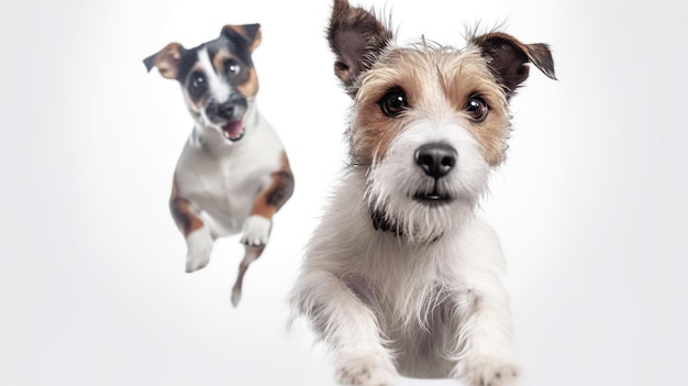 Un perro y un perro corren frente a un fondo blanco.