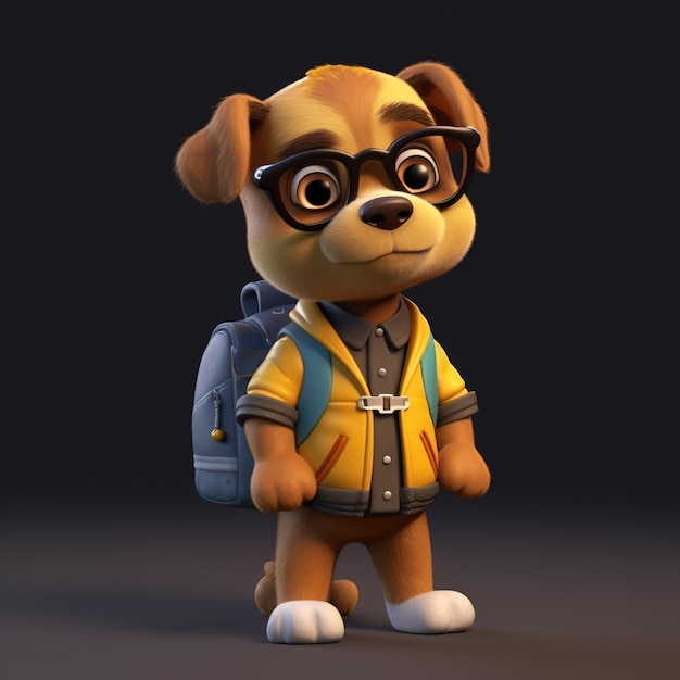 perro de personaje 3d vestido con ropa con una mochila