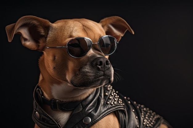 Perro con personaje de estrella de rock con chaqueta de cuero y gafas de sol creado con inteligencia artificial generativa