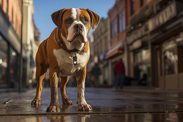 Perro de pie en una calle de la ciudad Pinta baja de la vista