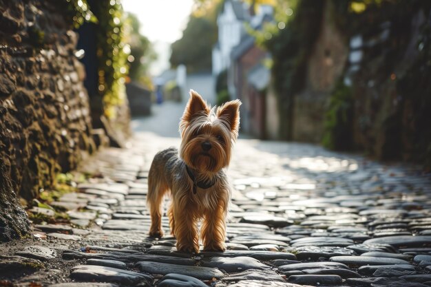 Un perro de pie en un camino de piedra