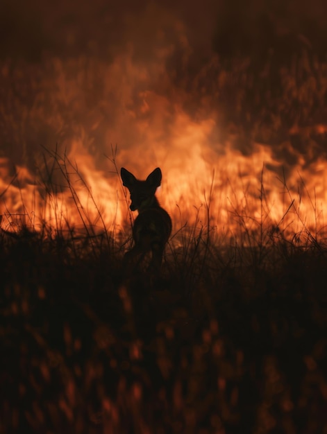 Foto un perro está de pie en un campo con llamas en el fondo