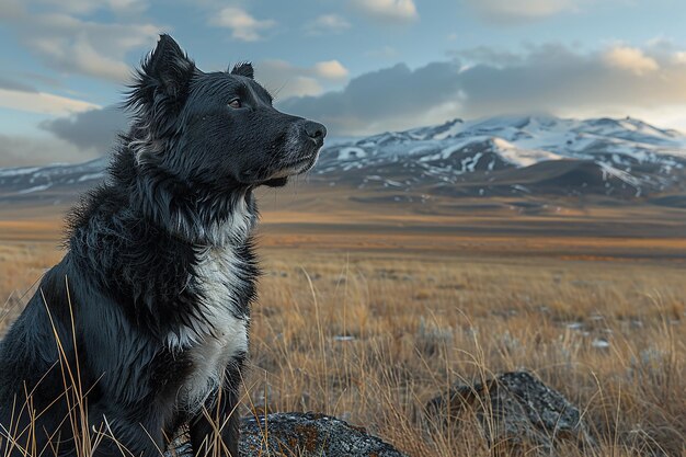 Foto un perro está de pie en un campo con montañas en el fondo