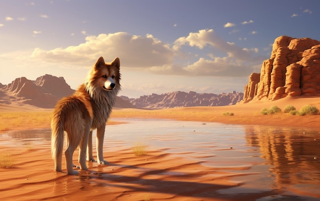 Foto un perro está de pie en el desierto con una montaña en el fondo