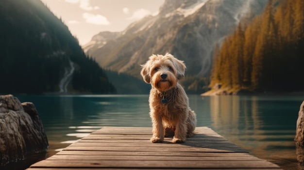 Foto perro de pie en el muelle de un lago creado con ia generativa