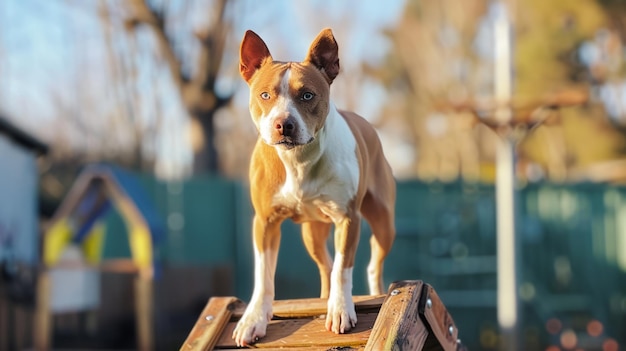 Un perro de pie en la parte superior de una plataforma de madera