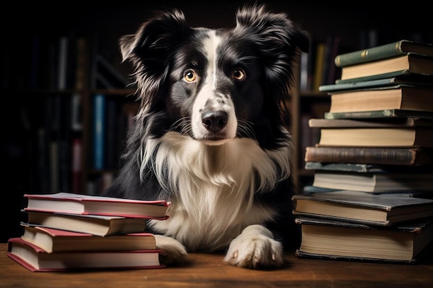 Un perro con una pila de libros sobre la mesa.