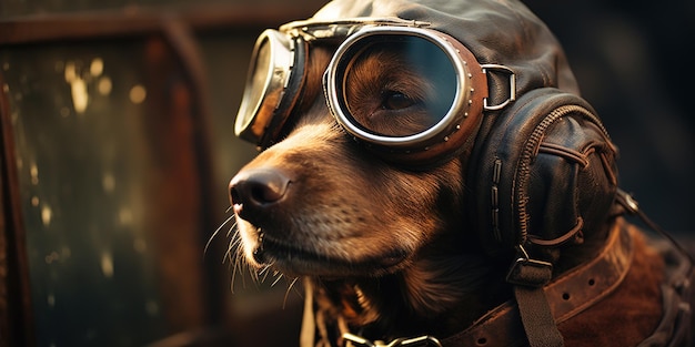 Perro piloto con gafas de protección y casco de cuero
