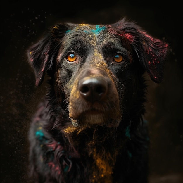 Un perro con pintura en la cara en un fondo oscuro