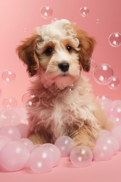 Un perro en una piscina de bolas rosa