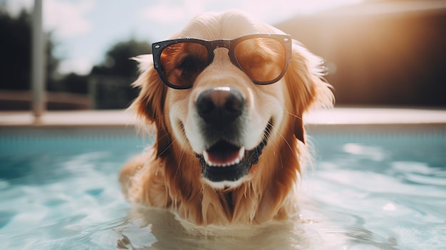 Un perro en una piscina con gafas de sol y nadando en el agua.