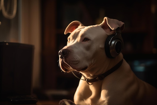 Un perro pitbull con audífonos se sienta frente a una computadora portátil.