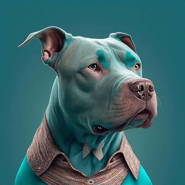 Un perro pitbull azul con collar y una camisa que dice pitbull
